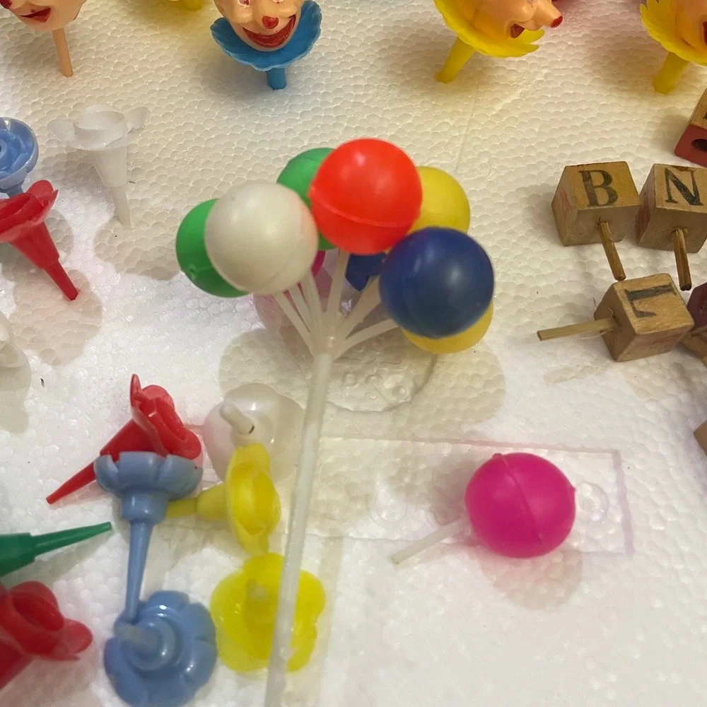 Vintage Cake Decoration Toppers Clowns ABC Blocks Picks Lot Party candle holder